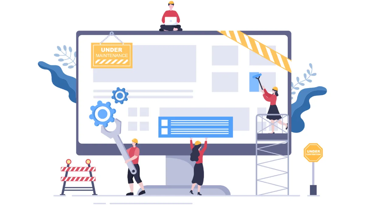 site en maintenance illustration d'un pc et de plusieurs personnages travaillants sur le site